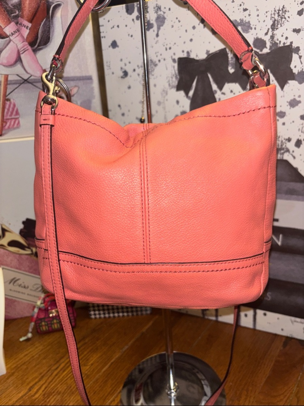 Coach Pebbled Leather Crossbody Bag Coral Pink Adjustable Strap - Picture 4 of 12